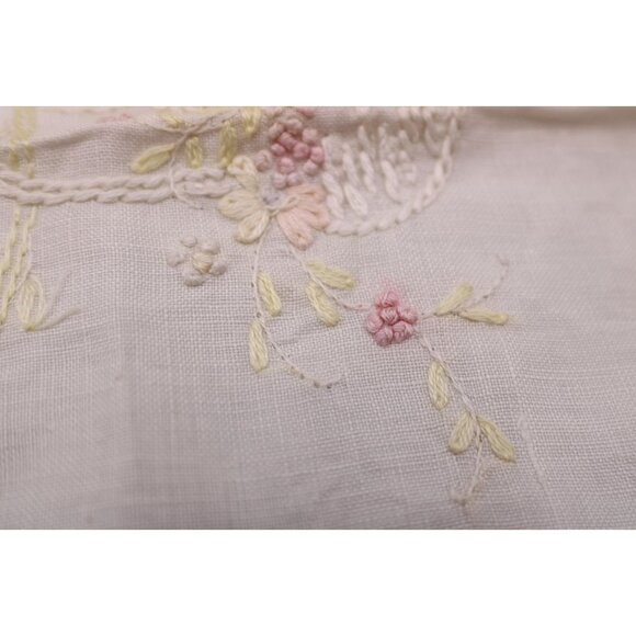 Vtg Handmade Embroidered Linen Table Runner Crochet Trim Floral Basket Design - Picture 7 of 12